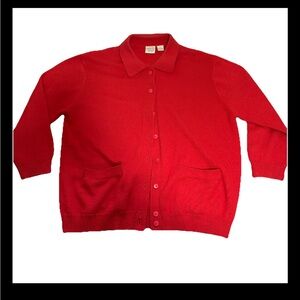 Vintage Cherry Red Women’s Collared Knit Chore Pocket Soft Button Cardigan SZ PL